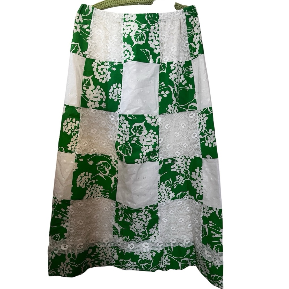 Green and White Floral and lace Early 1970s Patchwork Quilted Skirt